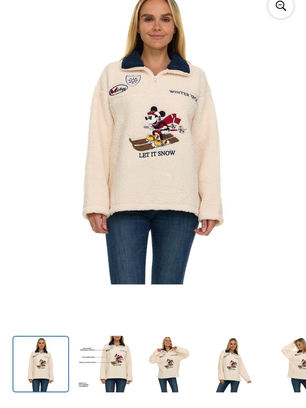 Cream Sherpa Pullover with Mickey Ski Graphic